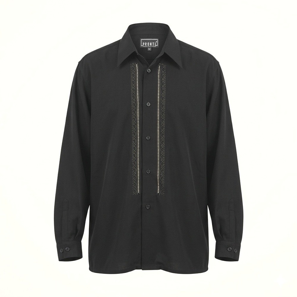 Pronti 90s Y2K Mens Black Embroidered Long Sleeve Button Up Shirt Medium Retro